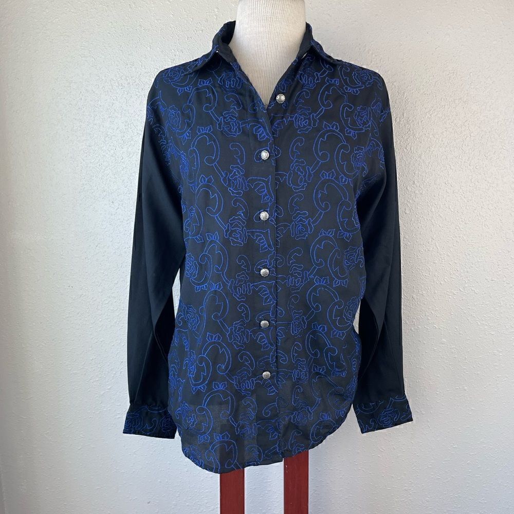 Wrangler Black and Blue Stitch Western Button Down Shirt Size S EUC